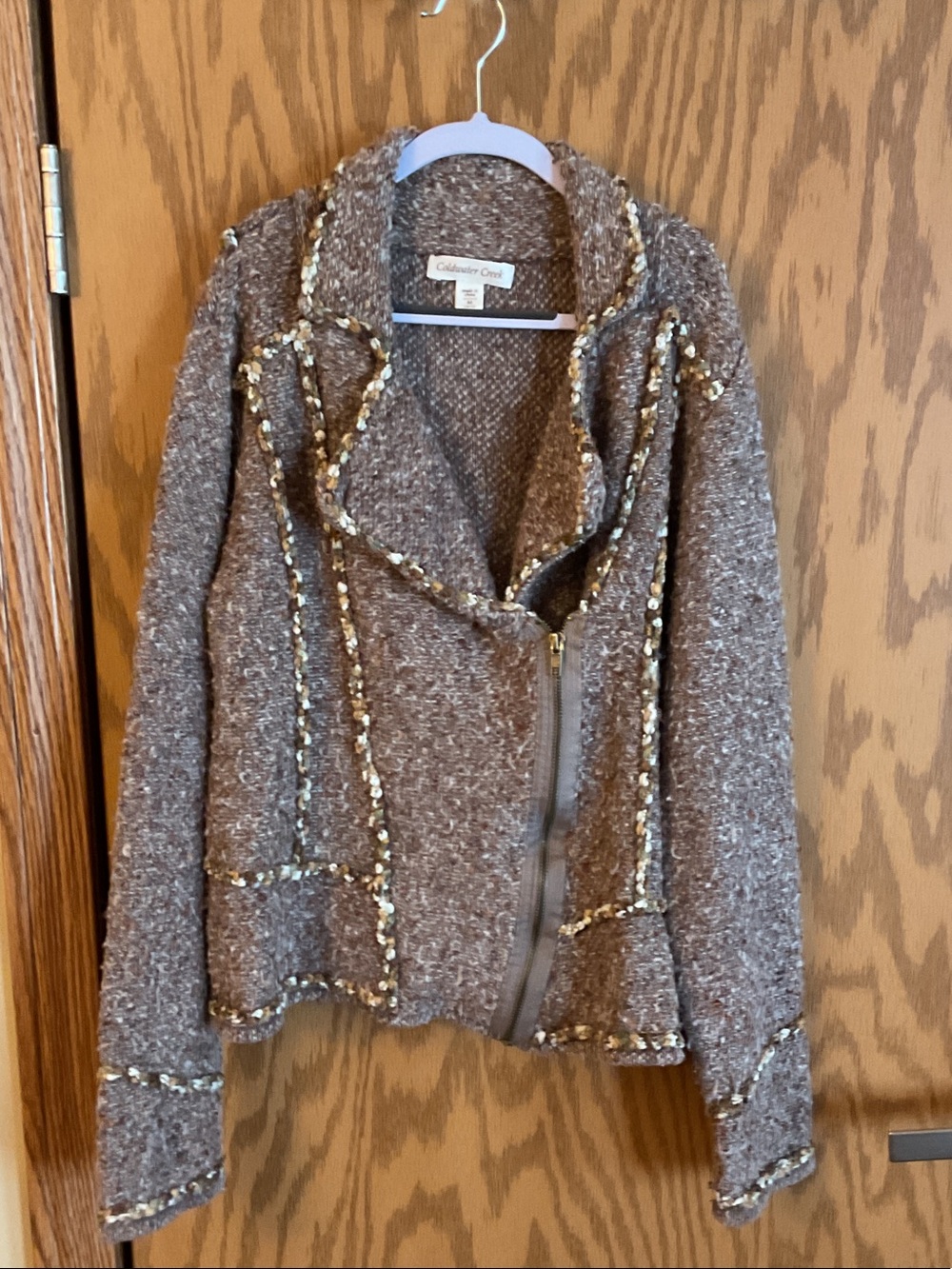 Coldwater Creek Brown Tweed Zip-Front Jacket with Decorative Trim